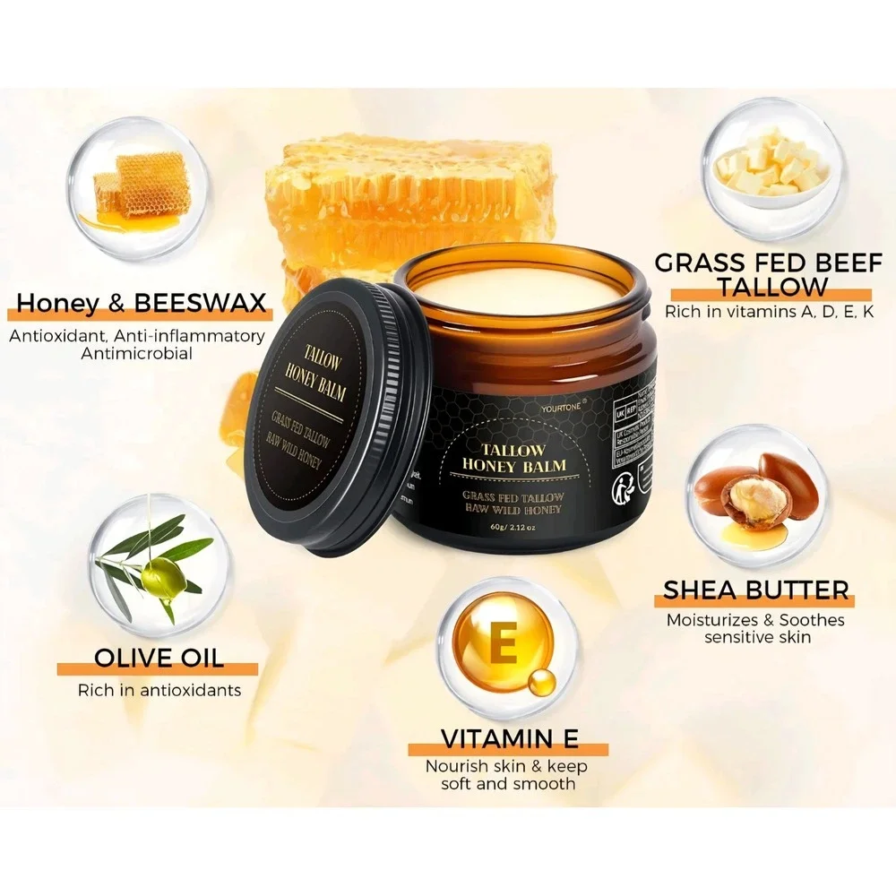 Yourtone Tallow Honey Balm Grass Fed Beef Tallow‎ Raw Wild Honey 60g 2.12oz NEW
